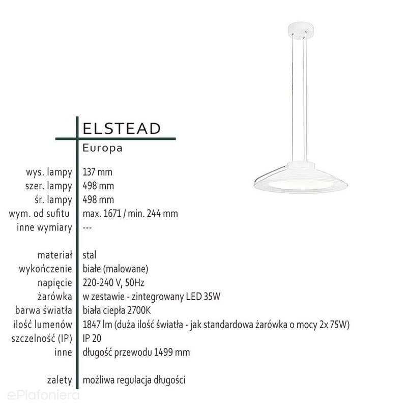 Biała lampa 50cm, LED 35W - wisząca do kuchni jadalni salonu Elstead (Europa)