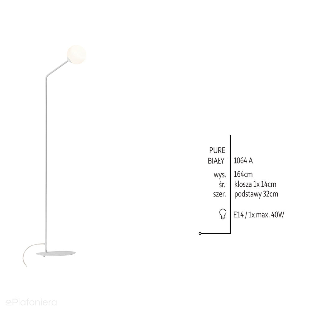 Biała lampa do salonu, mleczna kula na rurce (podłogowa, E14) Aldex (Pure) 1064A