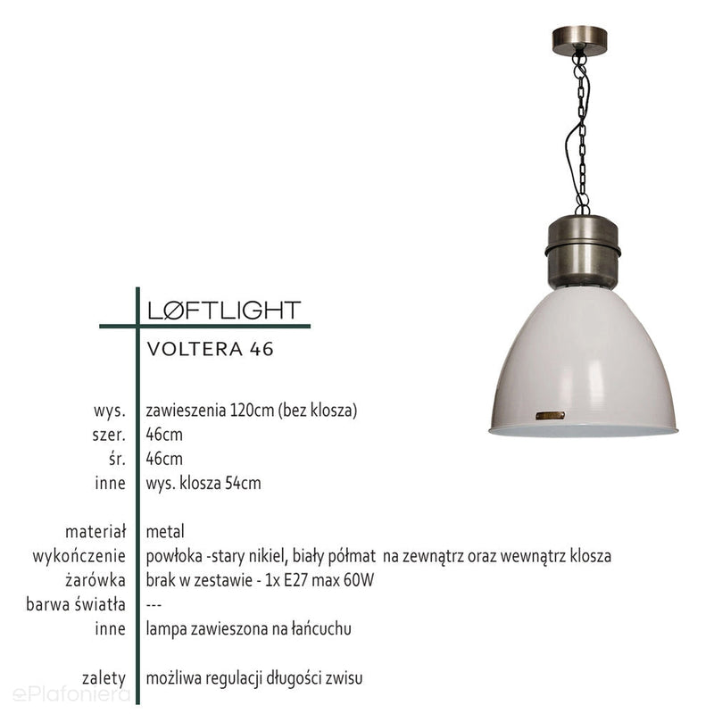 Biała loftowa lampa wisząca Voltera 46cm Nickel - LoftLight