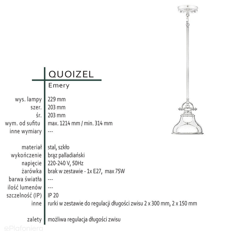 Brązowa lampa wisząca Emery (brąz palladiański) - Quoizel, 20cm, 1xE27