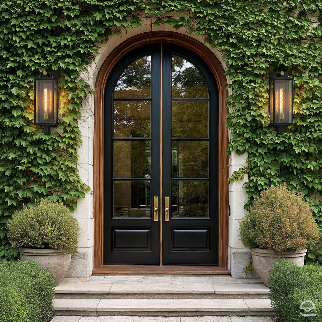 Catalina Large – wysoka latarnia ścienna IP44, czarna z mosiężnym detalem