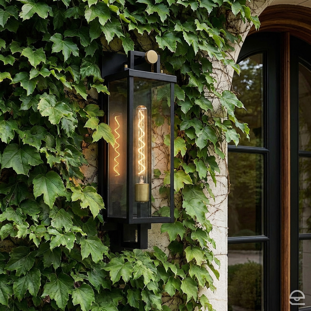 Catalina Large – wysoka latarnia ścienna IP44, czarna z mosiężnym detalem