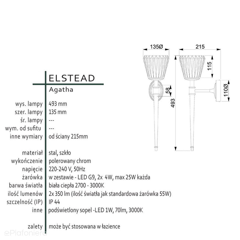 Chromowa lampa ścienna LED kinkiet do łazienki salonu sypialni (G9 2x4W) Elstead (Agatha)