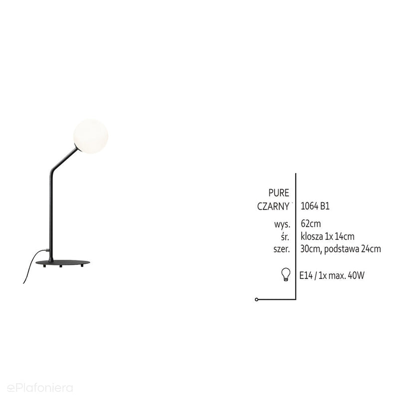 Czarna lampa do salonu sypialni, mleczna kula na rurce (biurkowa, E14) Aldex (Pure) 1064B1