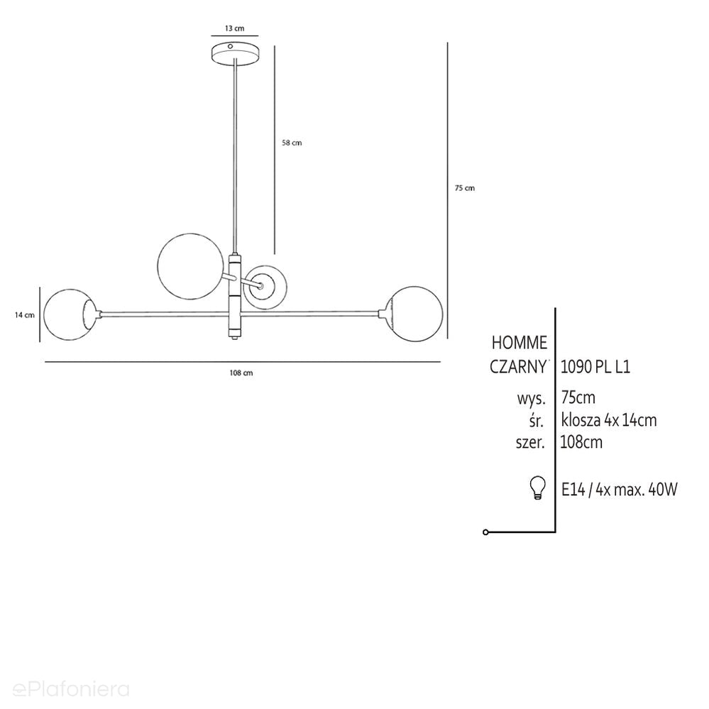 Czarna lampa regulowana Homme - Aldex, żyrandol, białe kule 4x14cm (E14) 1090PL-L1