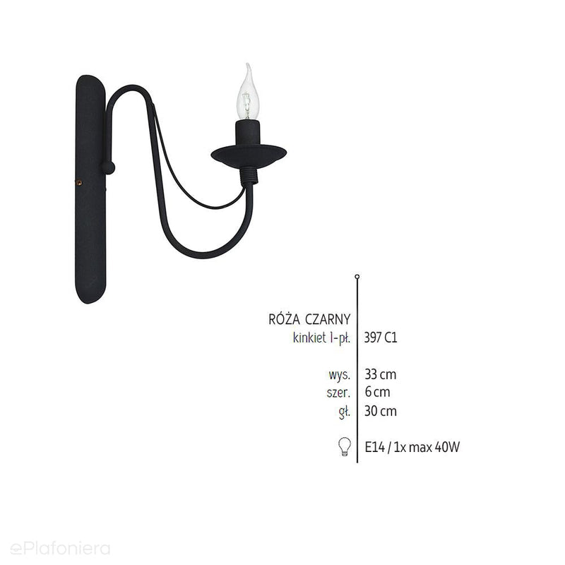 Czarna lampa ścienna - świecznik, kinkiet 1xE14, Aldex (Róża) 397C1 - ePlafoniera