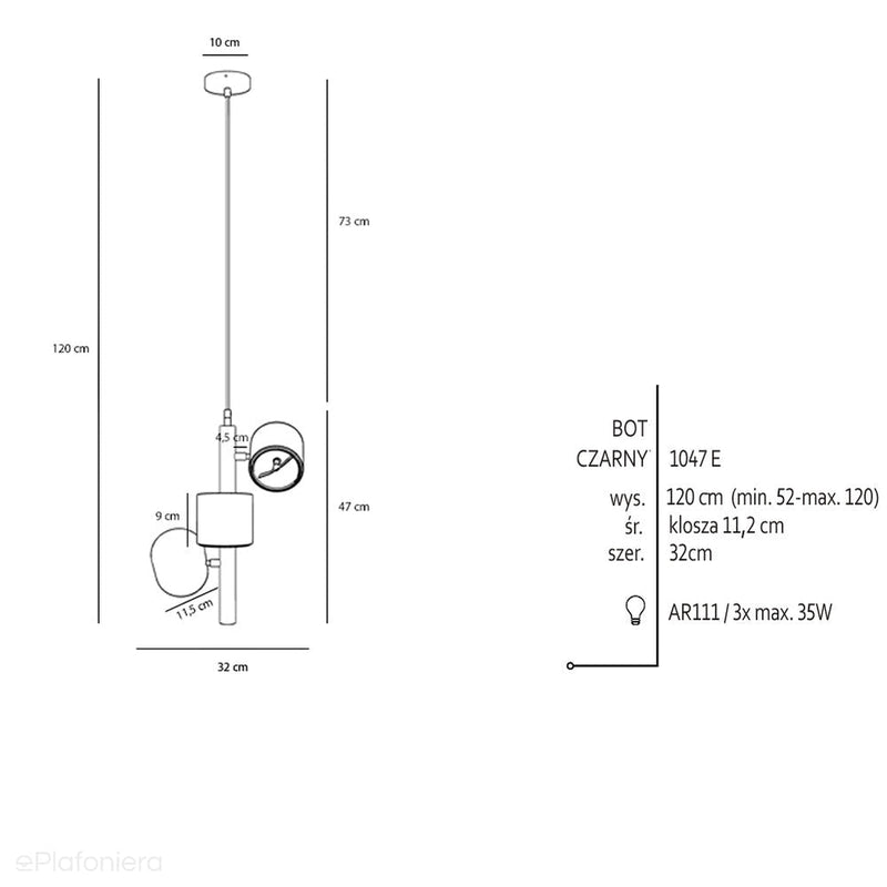 Czarna lampa - spot wisząca (regulowana, ustawna 3xAR111) Aldex (Bot) 1047E