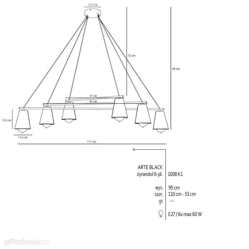 Czarna lampa sufitowa - industrialna - loftowa, żyrandol poziomy 6xE27, Aldex (Arte) 1008K1