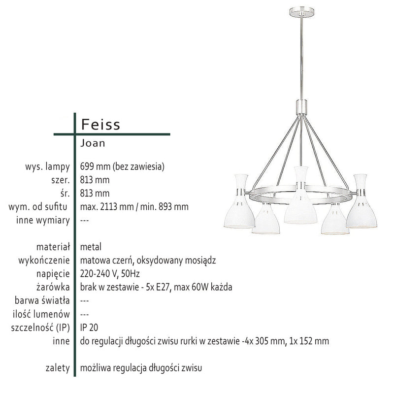 Czarna metalowa lampa wisząca, żyrandol do wysokich pomieszczeń, 5xE27 Feiss (Joan)