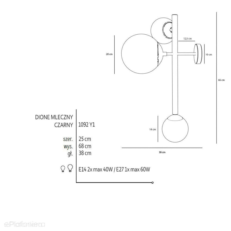 Czarny kinkiet Dione Wall 3 Black - Aldex, zawiesie czarne, 1092Y1 (2xE14/1xE27)