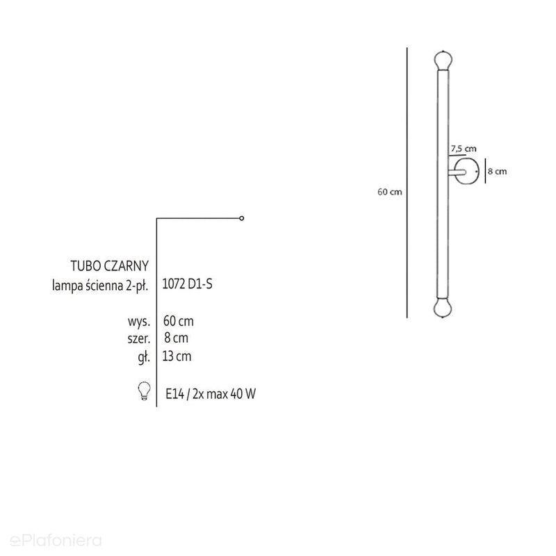 Czarny kinkiet rurka - Tubo Wall Black S - Aldex (2xE14) 60cm, 1072D1S