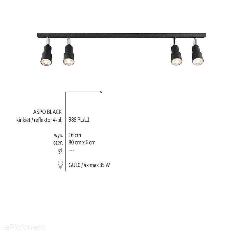 Czarny reflektor sufitowy spot na listwie 80cm (2x2 GU10), Aldex (Aspo) 985PL/L1 - ePlafoniera