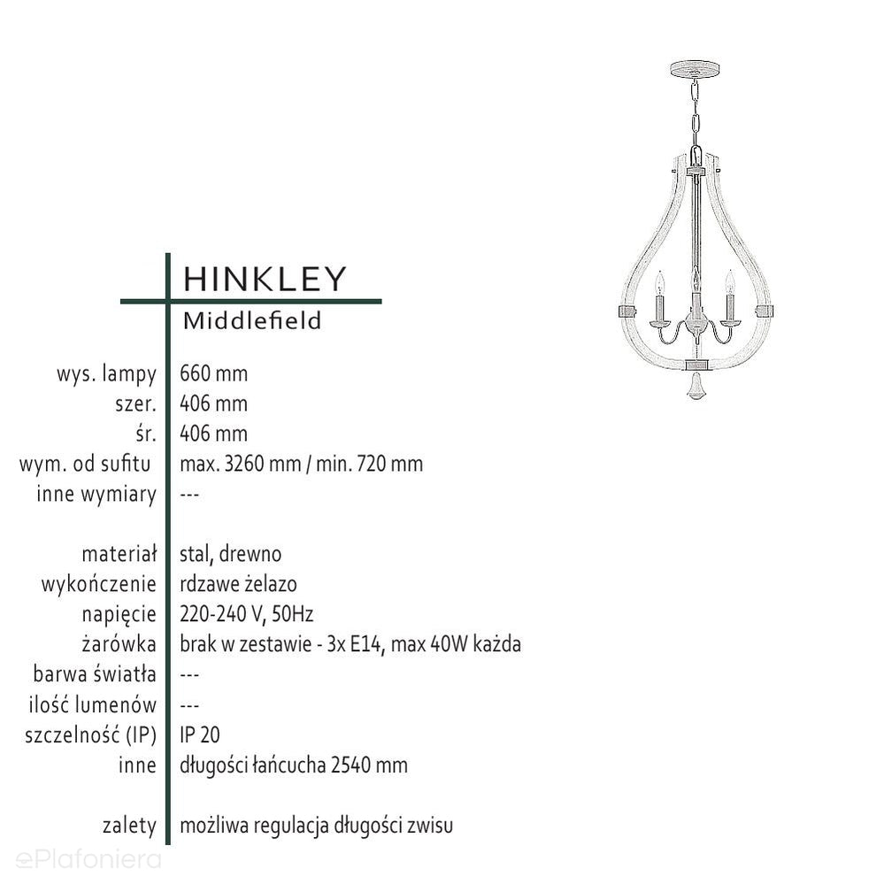 Drewniana lampa wisząca 40cm (rdzawe żelazo) do salonu kuchni sypialni (3xE14) Hinkley (Middlefield)