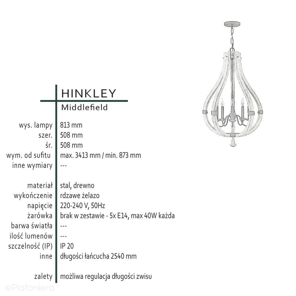 Drewniana lampa wisząca 50cm (rdzawe żelazo) do salonu kuchni sypialni (5xE14) Hinkley (Middlefield)