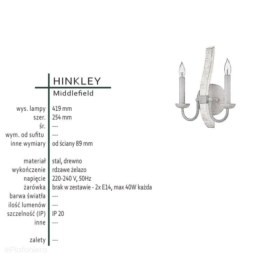 Drewniany kinkiet świecznik Middlefield (rdzawe żelazo) - Hinkley (2xE14)