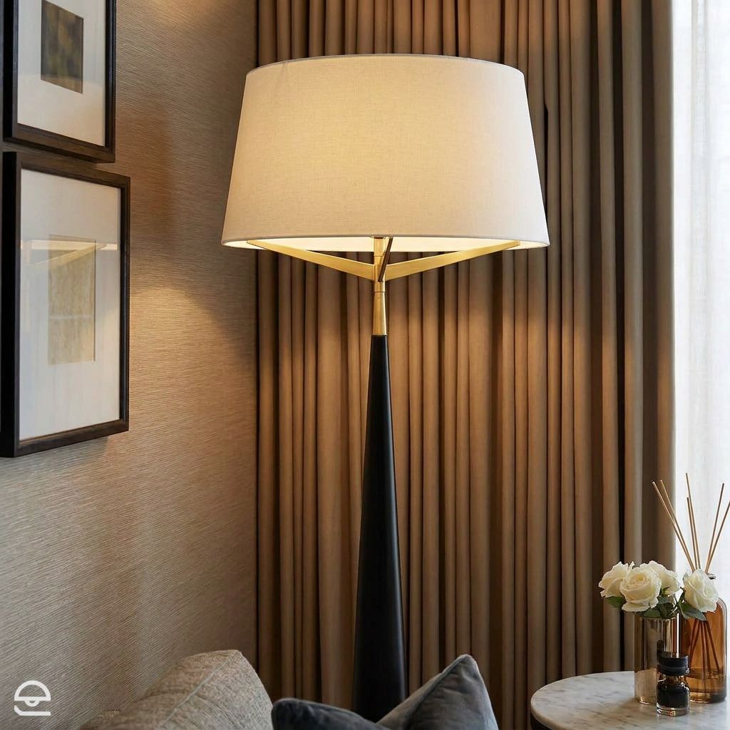 Elden Lobby – lampa podłogowa stożkowa, czarny mat i mosiądz