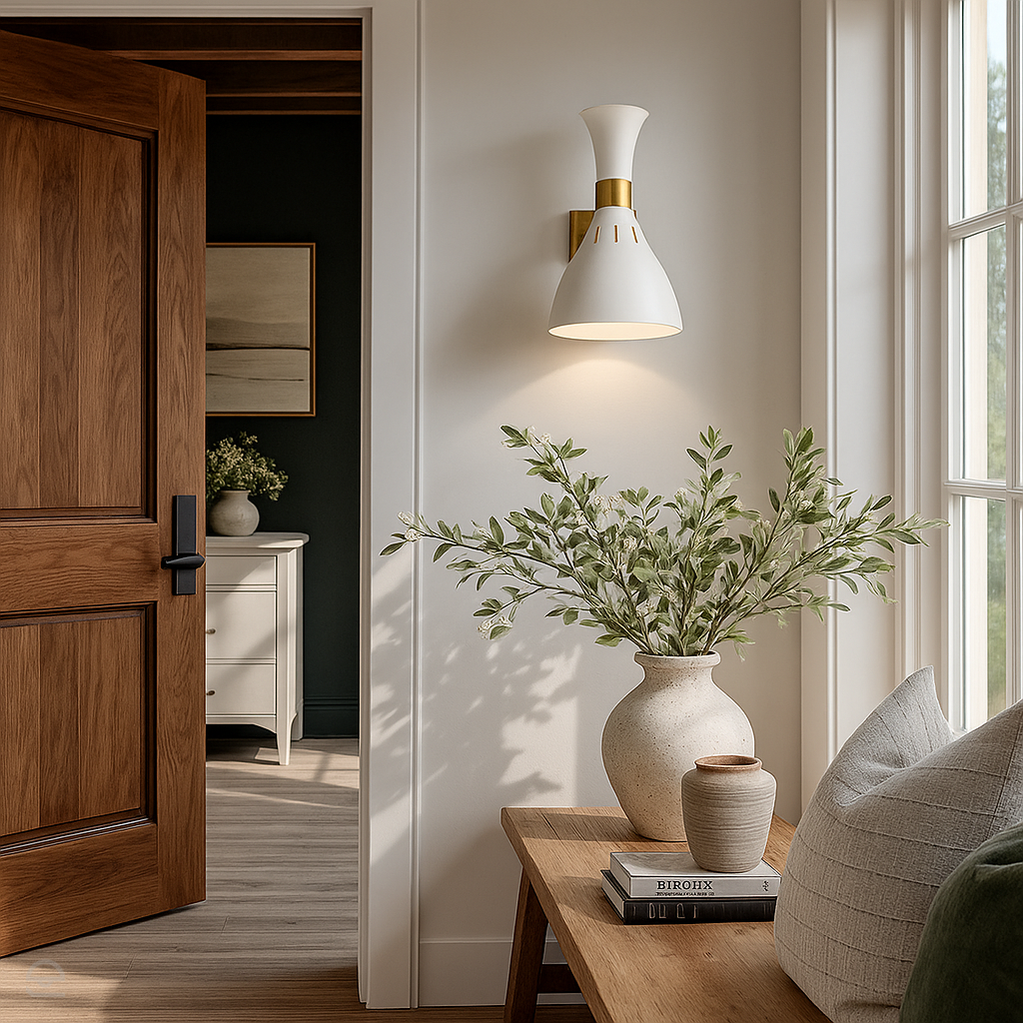 Biały kinkiet industrialny Joan oksydowany mosiądz