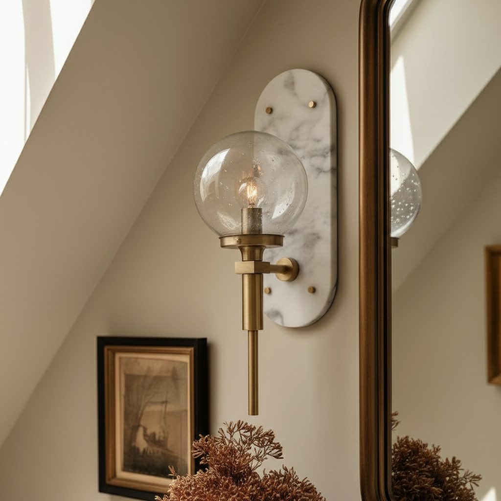 Kinkiet Gilda mosiądz ze szklanym kloszem do łazienki z imitacją alabastru