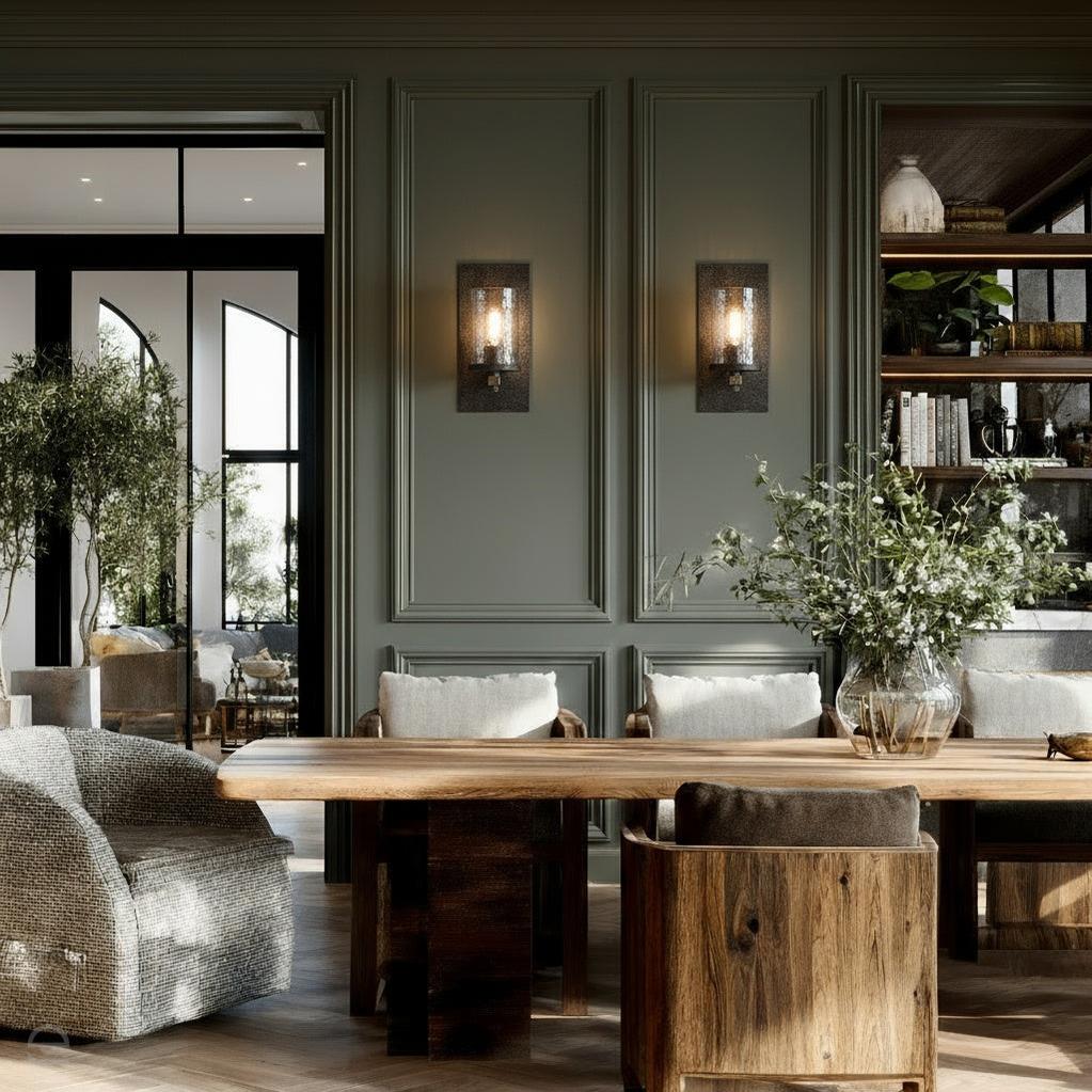 Kinkiet industrialny Angelo z falowanym szklanym kloszem – ciemne żelazo i dąb