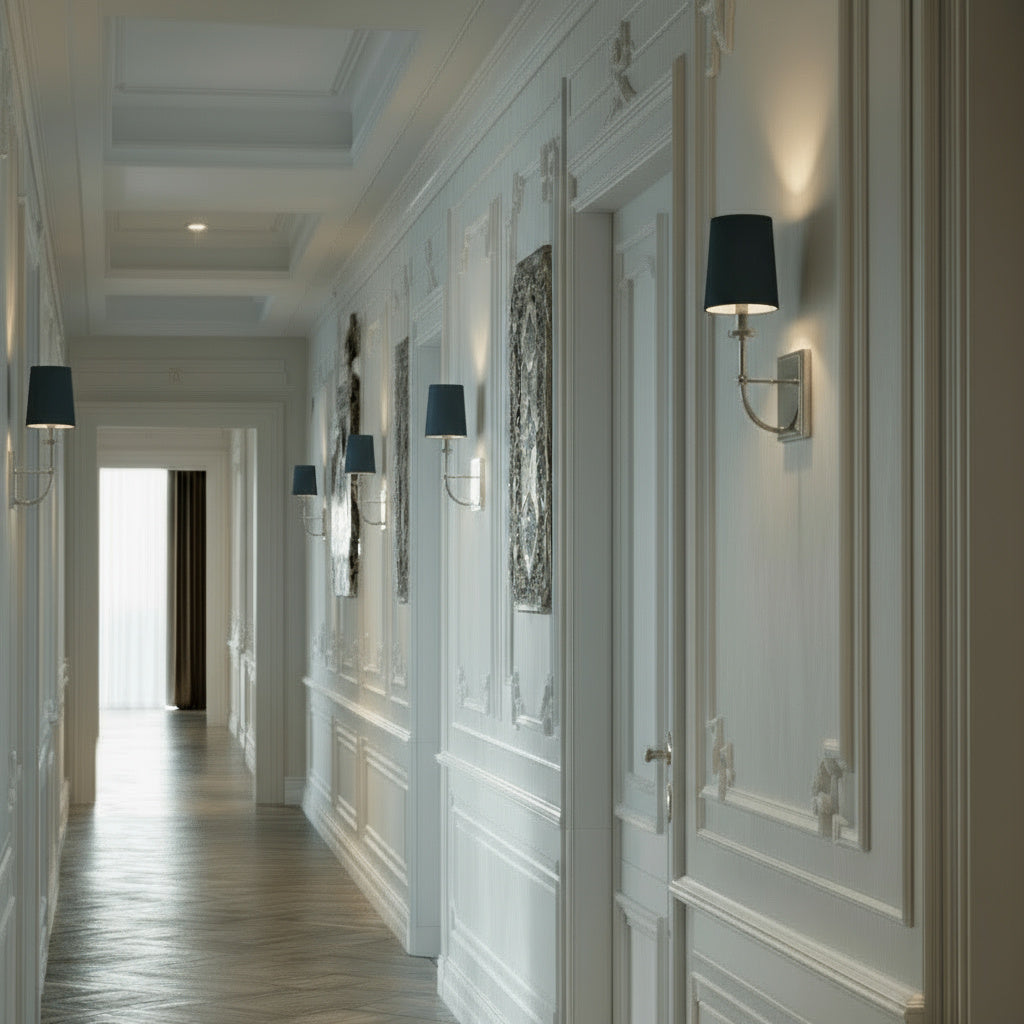 Klasyczny kinkiet Felixstowe niebieski abażur jedwab