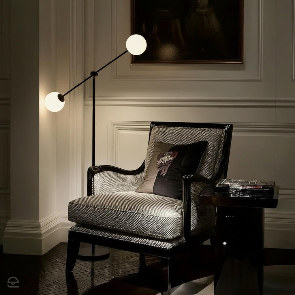 Nowoczesna lampa regulowana, podłogowa, mleczne kule 2x14cm (E14) Aldex (Ohio) 1081A1