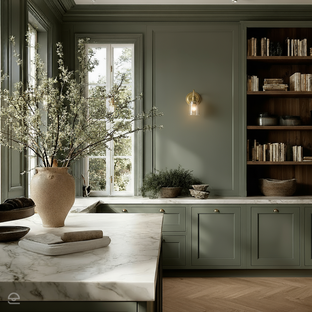 Kinkiet Waverly z mosiądzu ze szkłem bąbelkowym zamontowany w eleganckiej kuchni w stylu Modern Classic