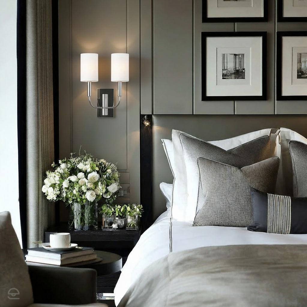 Nowoczesny kinkiet Brianna z lnianymi abażurami polerowany nikiel