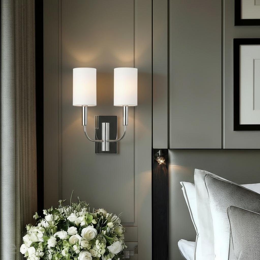 Nowoczesny kinkiet Brianna z lnianymi abażurami polerowany nikiel