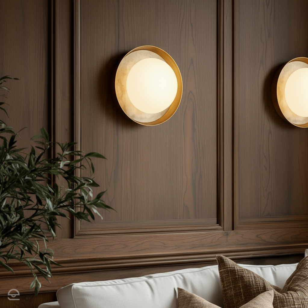 Okrągły kinkiet LED Alonso Vintage mosiądz z alabasterem