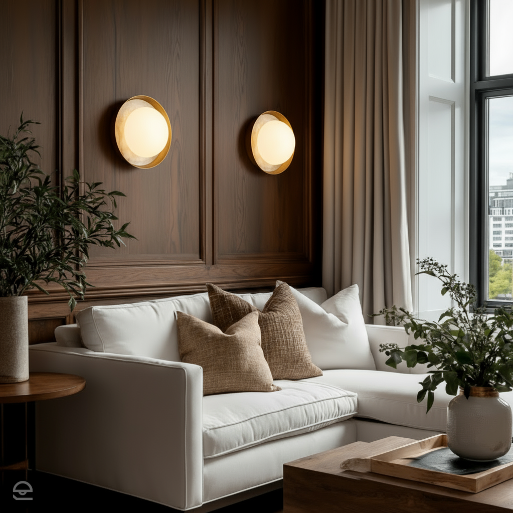 Okrągły kinkiet LED Alonso Vintage mosiądz z alabasterem