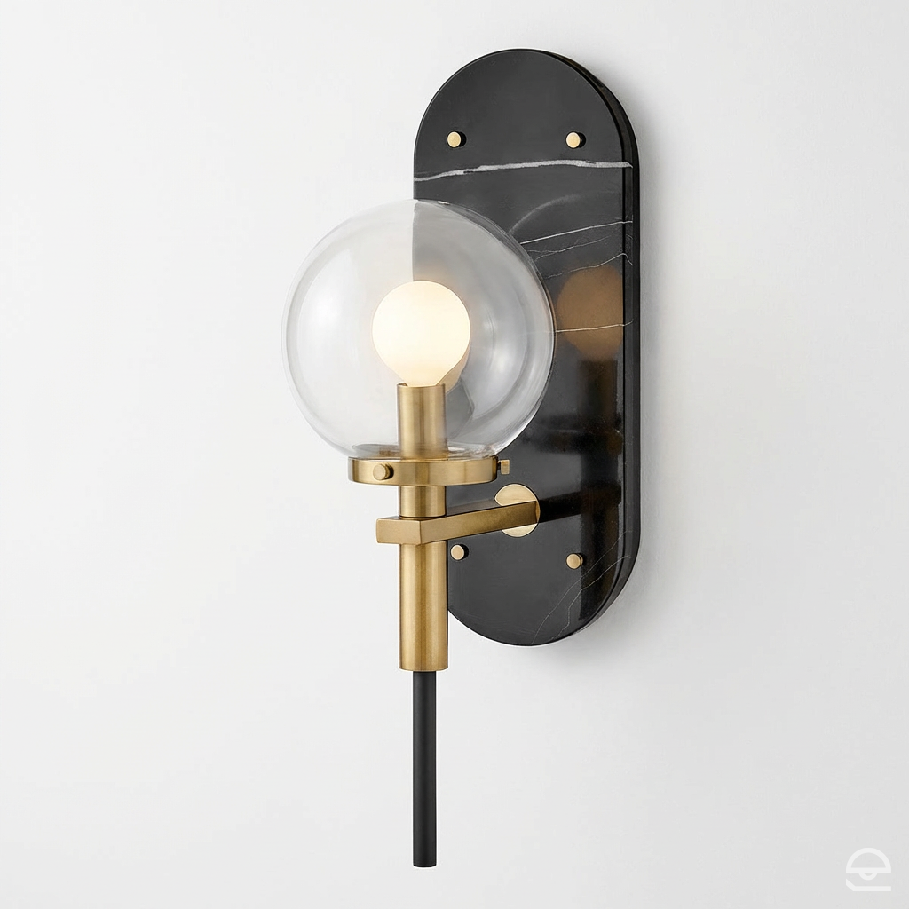 Gilda – mosiężny kinkiet z kulą i czarnym marmurem