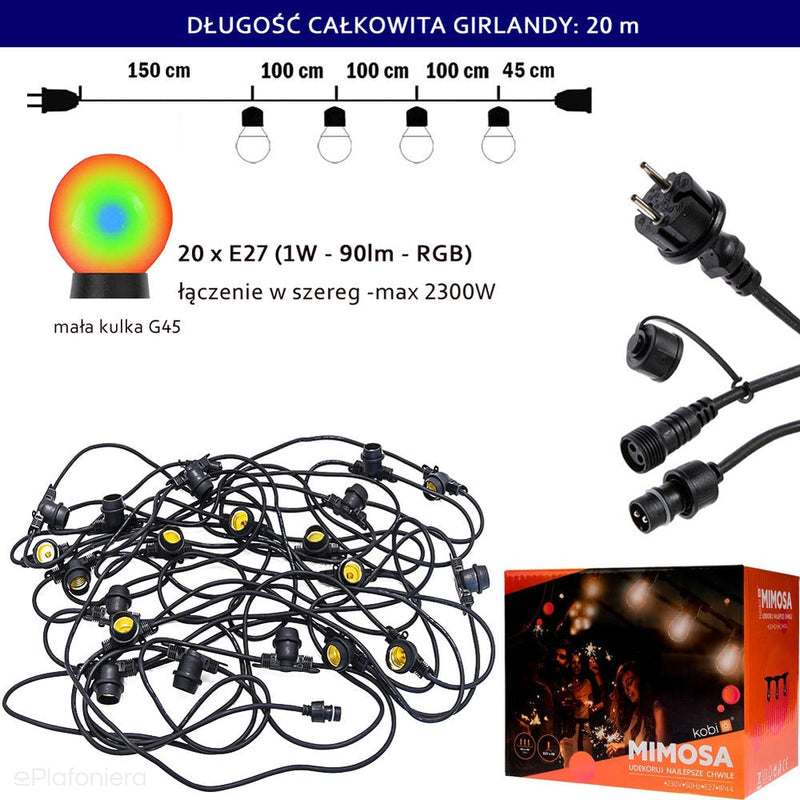 Girlanda zewnętrzna 10m/20m (E27, LED 1W RGB) lampa ogrodowa, weselna (Kobo D)