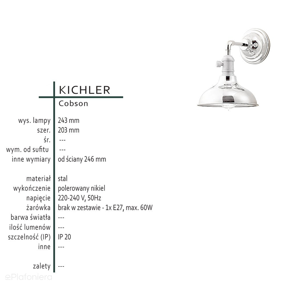 Industrialna lampa ścienna (nikiel) kinkiet do kuchni salonu kawiarni (1xE27) Kichler (Cobson)
