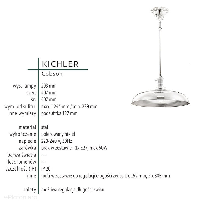 Industrialna lampa wisząca 40cm (nikiel) do kuchni salonu kawiarni (1xE27) Kichler (Cobson)