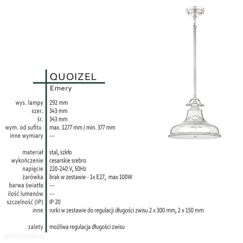 Industrialna lampa wisząca Emery z cesarskim srebrem -  Quoizel, 35cm, 1xE27