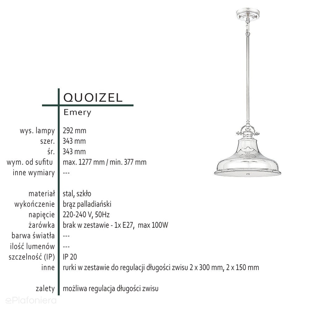 Industrialna / loftowa lampa wisząca Emery nad wyspę kuchenną / do jadalni (brąz palladiański) -  Quoizel (35cm / 1xE27)