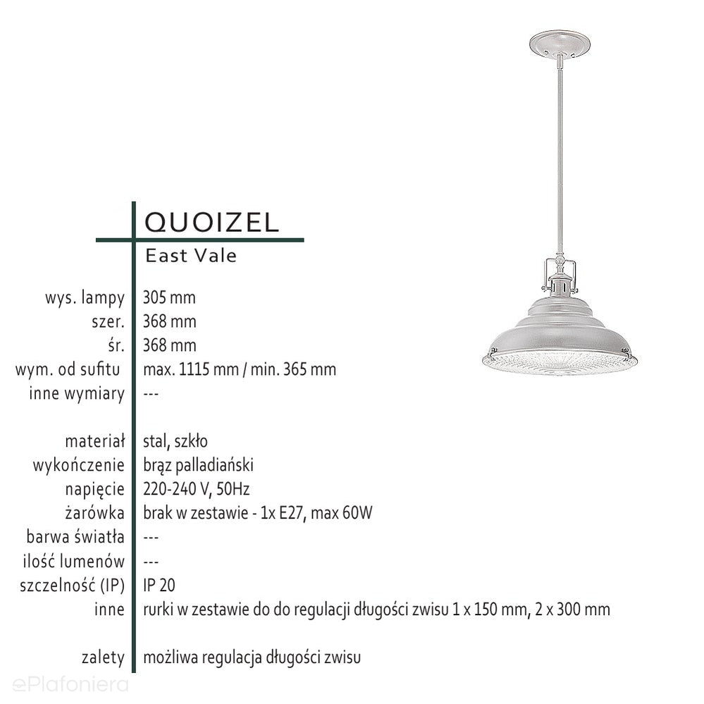 Industrialna / rustykalna lampa wisząca do jadalni / kuchni East (brąz palladiański) - Quoizel, 37cm, 1xE27
