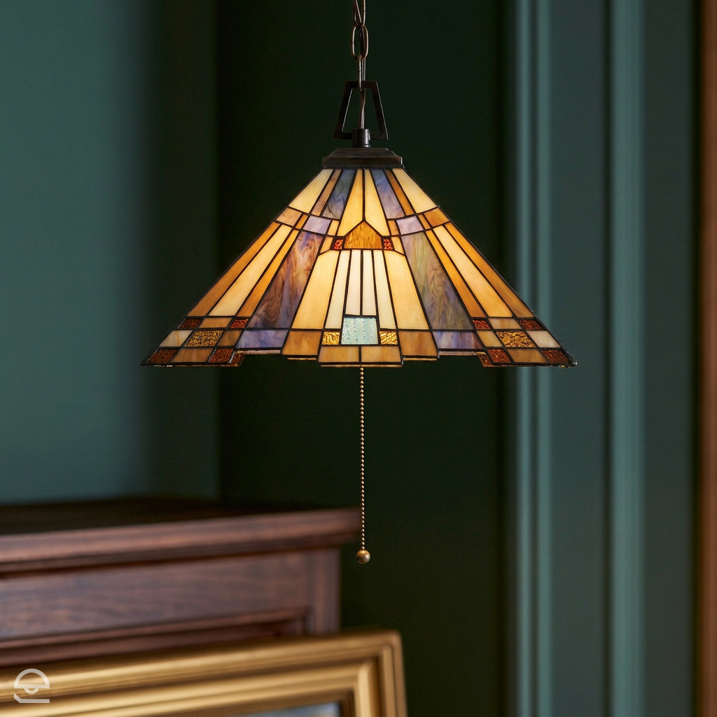 Inglenook Medium – witrażowa lampa wisząca na łańcuchu, ciemny brąz Ø43