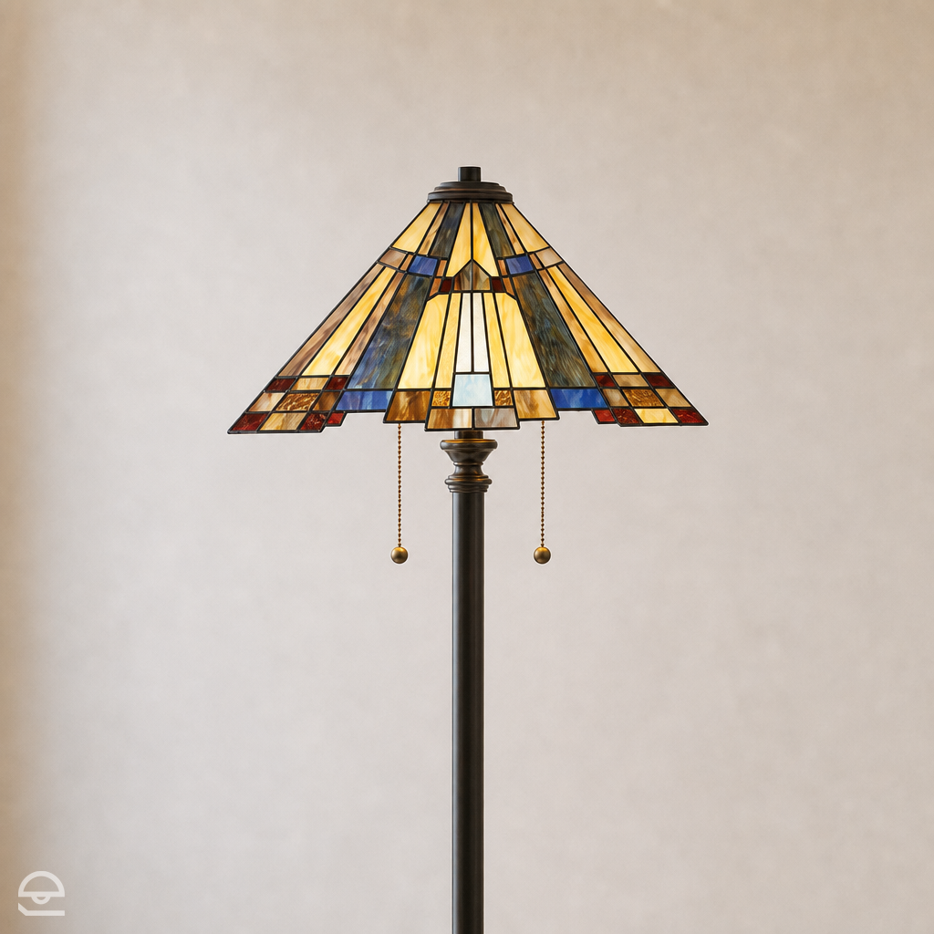 Inglenook – witrażowa lampa podłogowa z geometrycznym kloszem, ciemny brąz