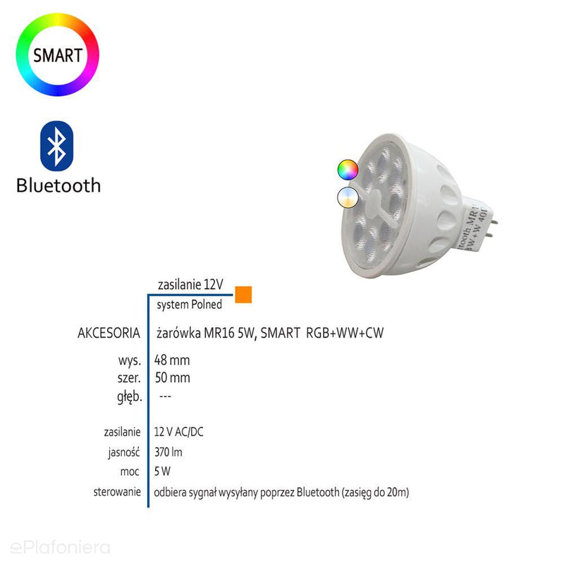 Inteligentna żarówka Smart MR16 5W, RGB+WW+CW, Bluetooth - AKCESORIA systemu 12V LED Polned (6279011)