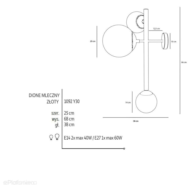 Kinkiet Dione Wall 3 Gold - Aldex, zawiesie złote, 1092Y30 (2xE14/1xE27)