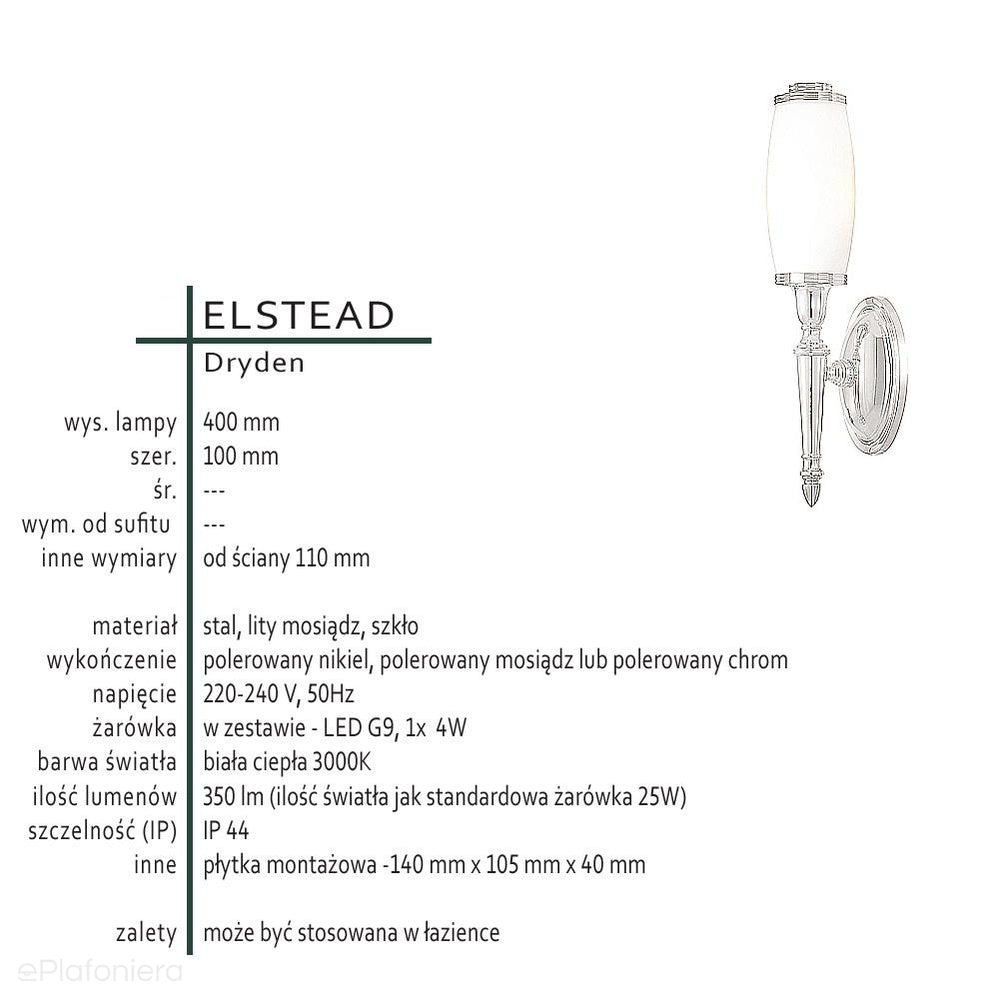 Kinkiet do łazienki / nad lustro Dryden (polerowany: nikiel/mosiądz/chrom) - Elstead (G9 1x4W / IP44)