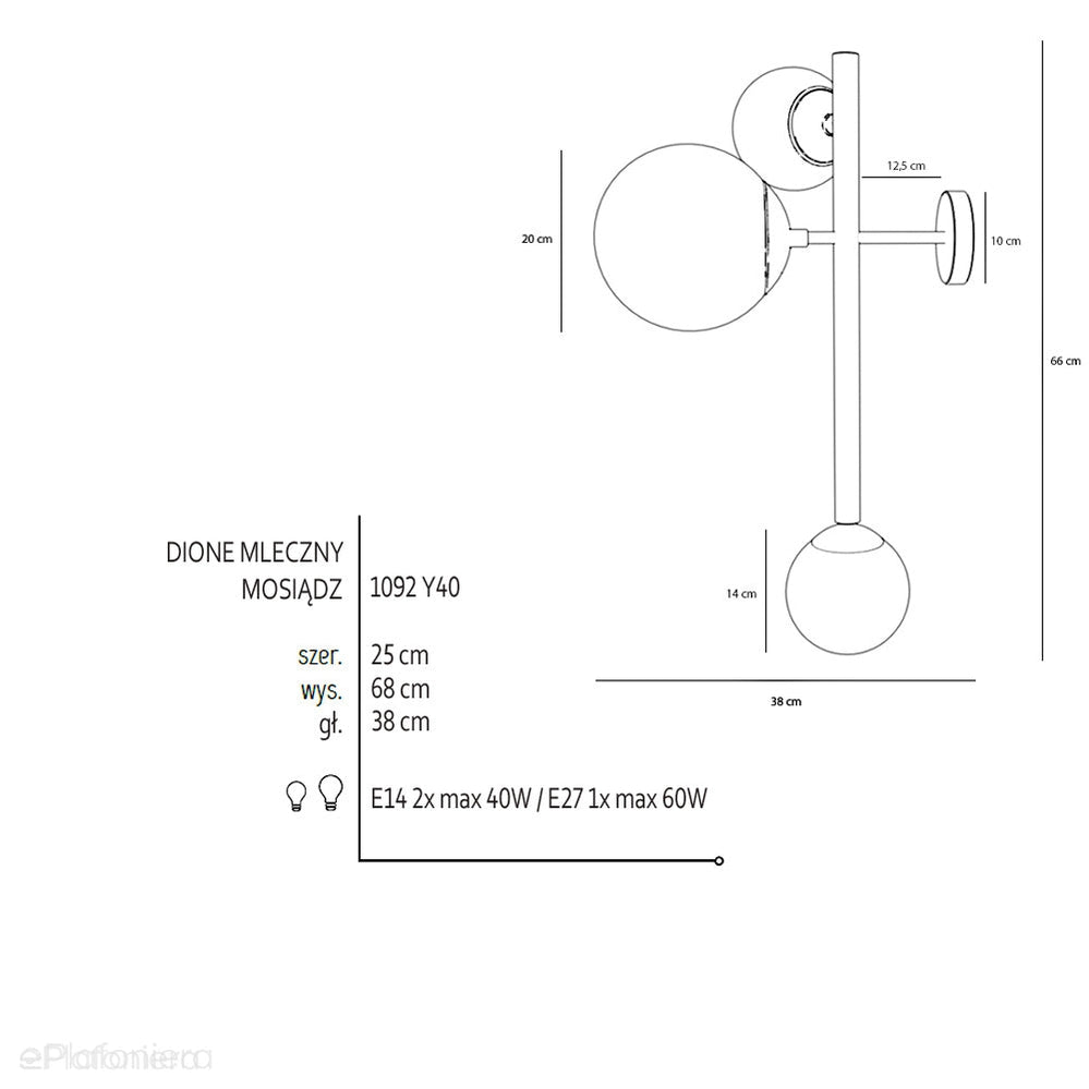 Kinkiet mosiądz, Dione Wall 3 Brass - Aldex, 1092Y40 (2xE14/1xE27)
