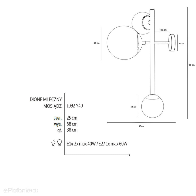 Kinkiet mosiądz, Dione Wall 3 Brass - Aldex, 1092Y40 (2xE14/1xE27)