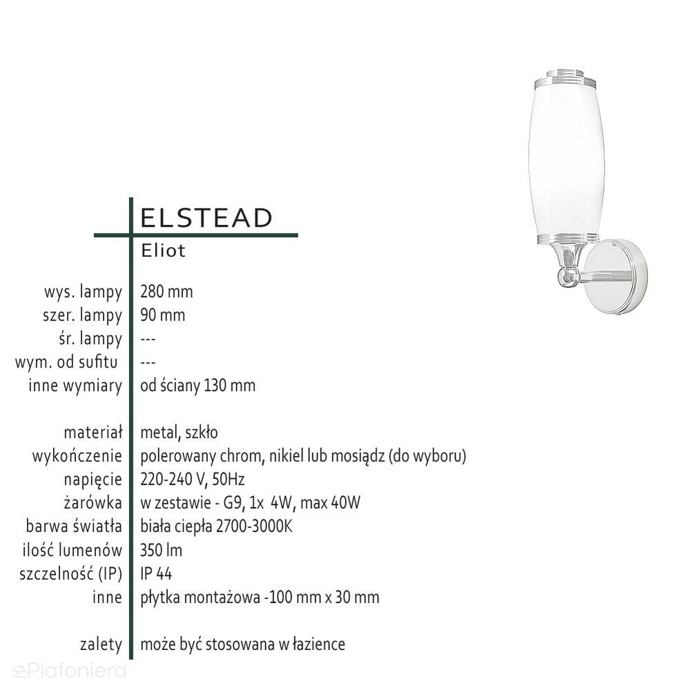 Kinkiet szklany - lampa ścienna (mosiądz/chrom/nikiel) do łazienki sypialni (G9 1x4W) Elstead (Eliot)