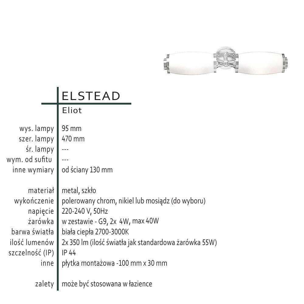 Kinkiet szklany - lampa ścienna (mosiądz/chrom/nikiel) do łazienki sypialni (G9 2x4W) Elstead (Eliot)