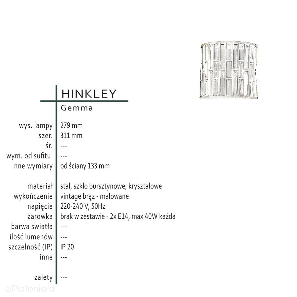 Kinkiet z kryształami Gemma - Hinkley (vintage brąz, bursztyn, kryształy) 31x28cm / 2xE14