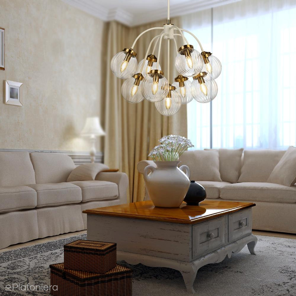Kremowa lampa wisząca - żyrandol szklane kule (9xE14) do salonu sypialni kuchni, Elstead (Cosmos)