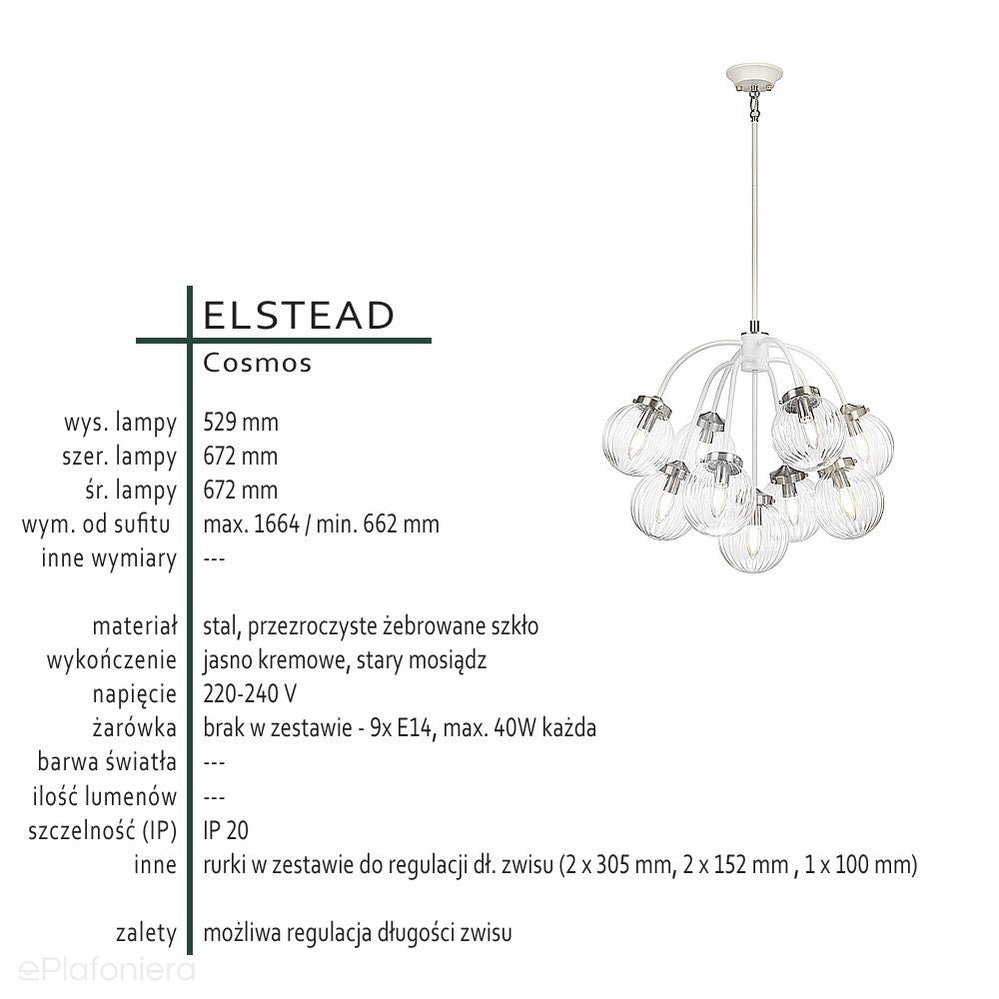 Kremowa lampa wisząca - żyrandol szklane kule (9xE14) do salonu sypialni kuchni, Elstead (Cosmos)