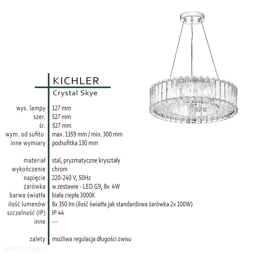 Kryształowy żyrandol Crystal, Kichler (52 cm, IP 44)